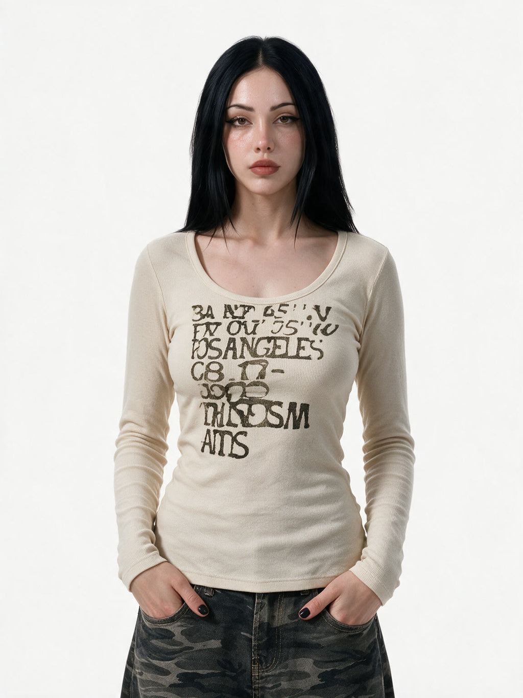 Cream fitted long sleeve baby tee with letter print