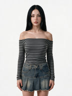 Grey and black striped off shoulder long sleeve top