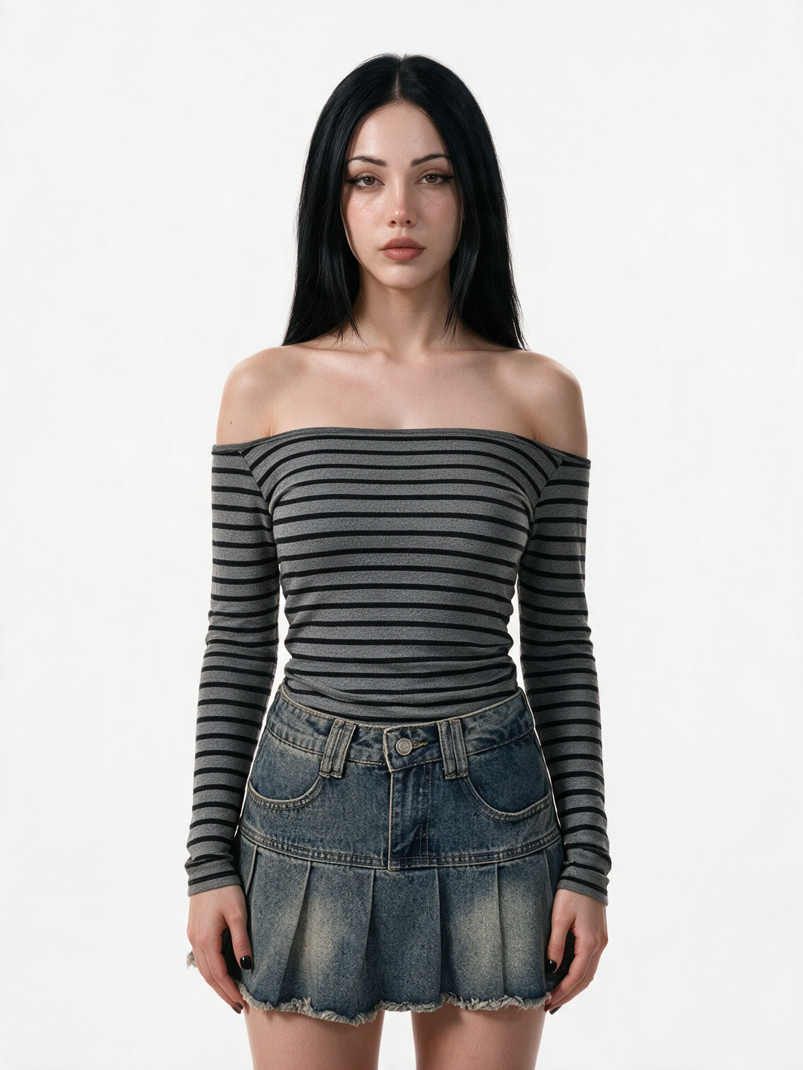 Grey and black striped off shoulder long sleeve top