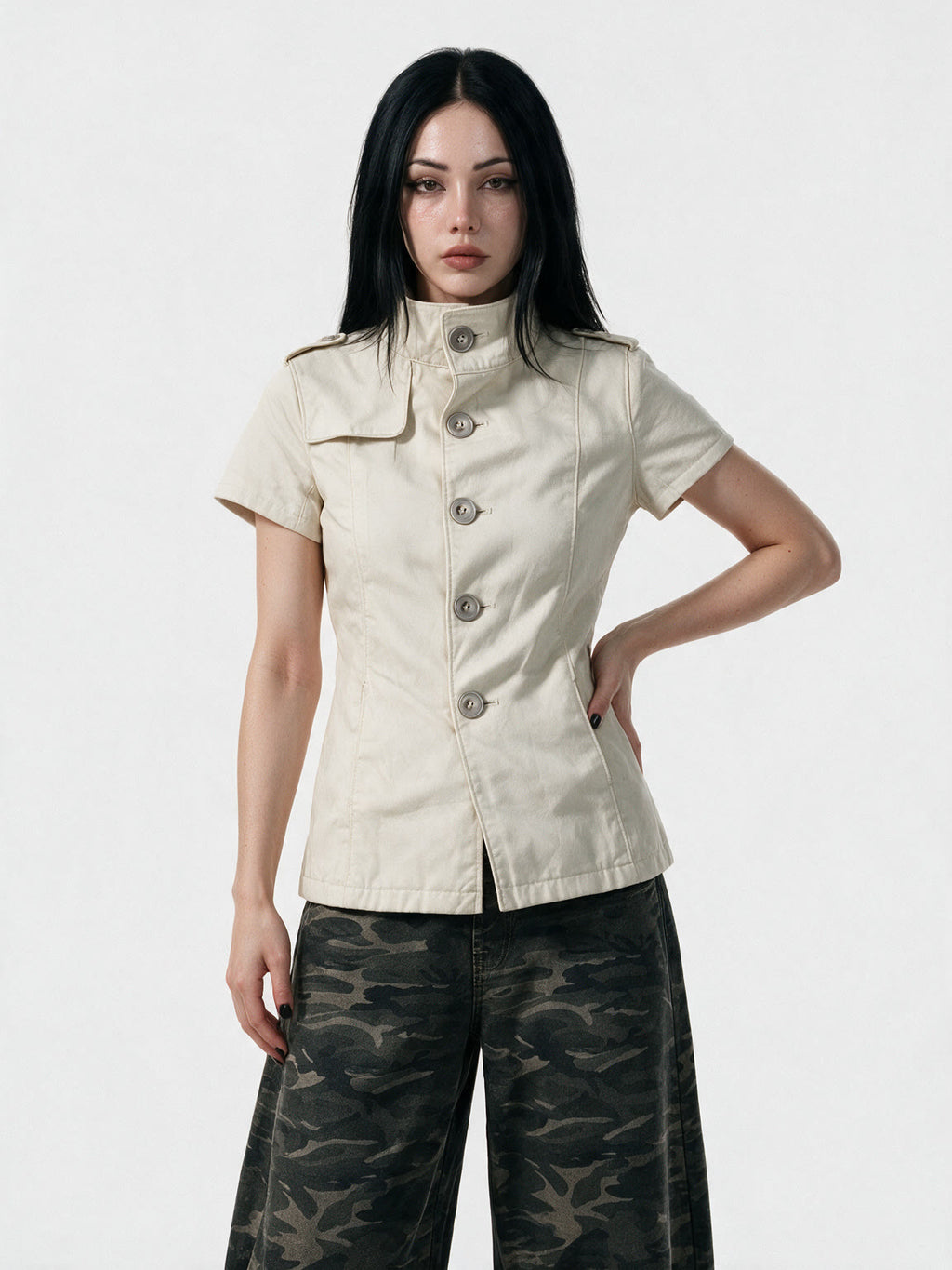 Cream short sleeve military style button top