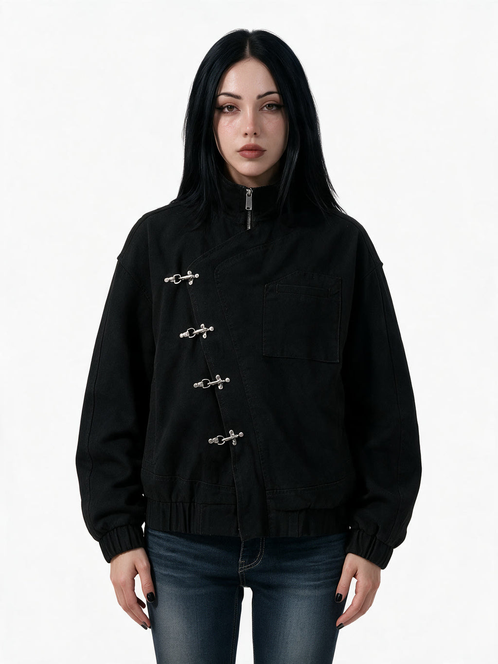Black stand collar jacket with silver toggle clasps