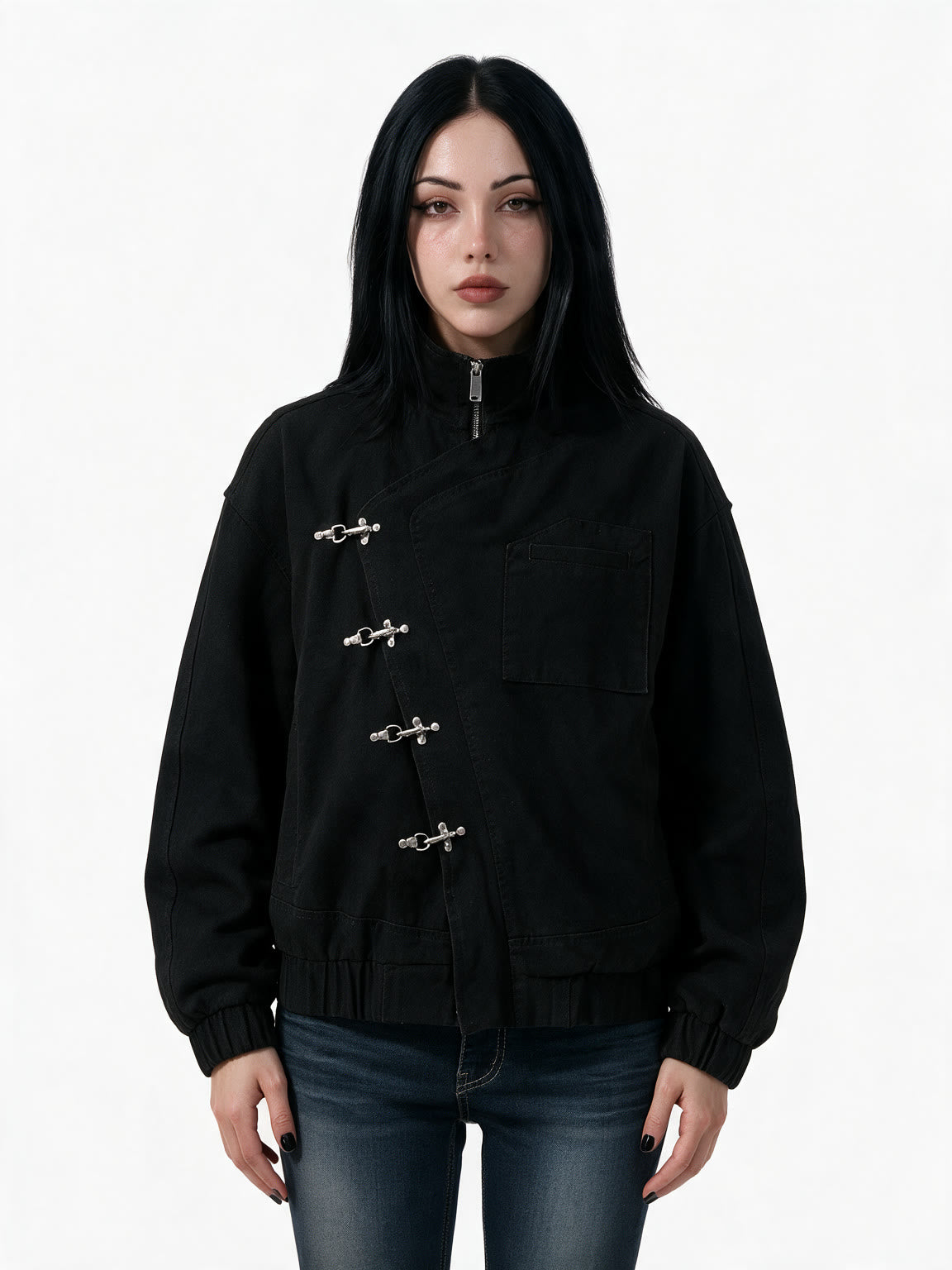 Black stand collar jacket with silver toggle clasps
