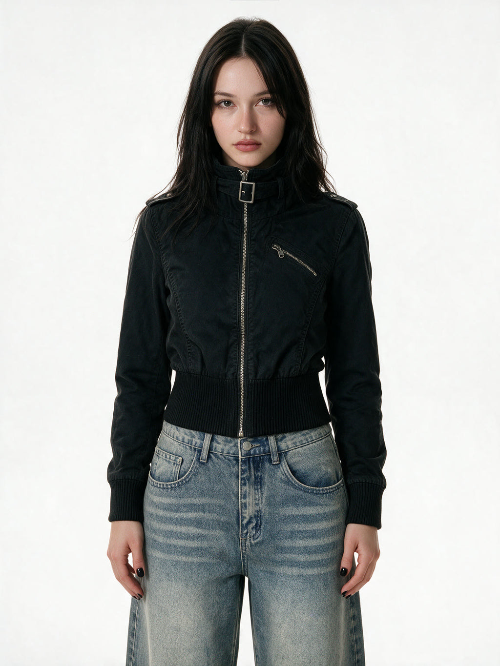Cropped black stand collar safari jacket
