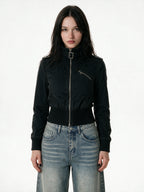 Cropped black stand collar safari jacket