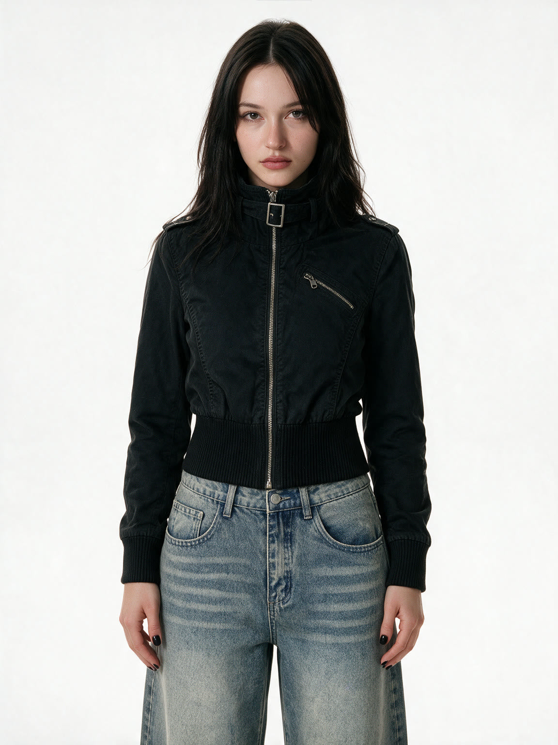 Cropped black stand collar safari jacket