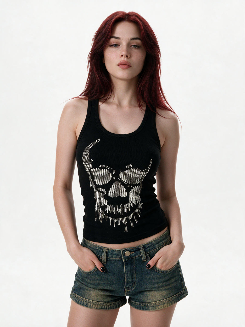Black racer back tank with a rhinestone skull