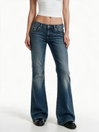 Blue wide leg jeans with a crystal set waistband