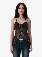 Brown paisley halter top with an O ring and handkerchief hem