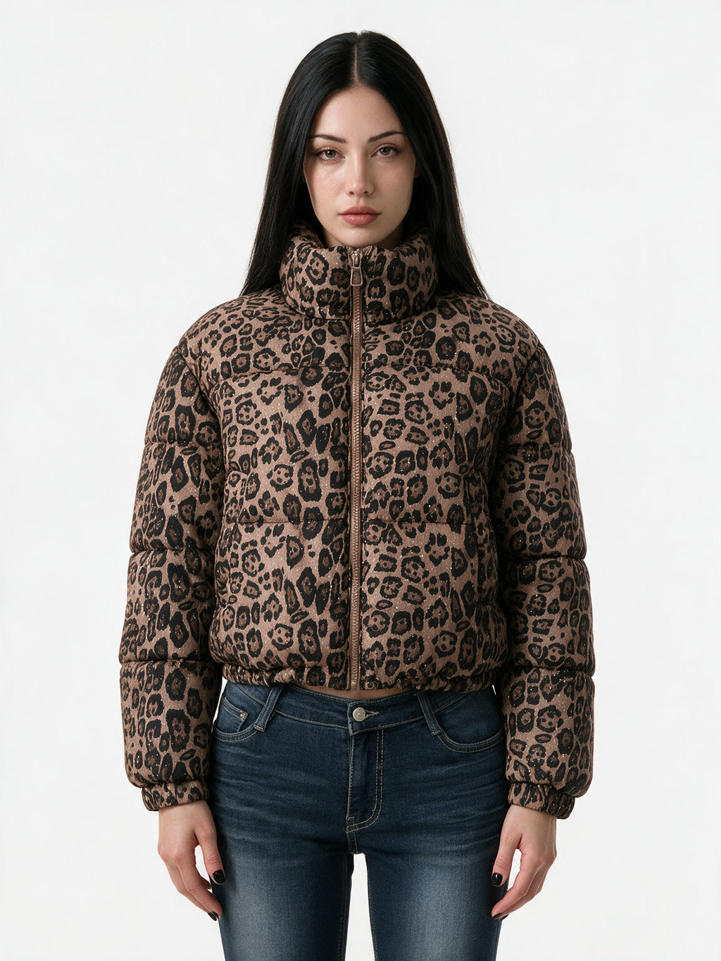 Cropped brown leopard print glitter puffer jacket