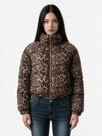Cropped brown leopard print glitter puffer jacket