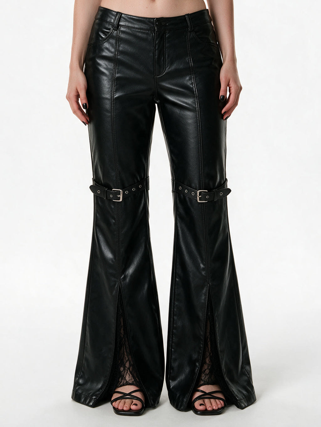 Black faux leather flare trousers with knee buckle straps