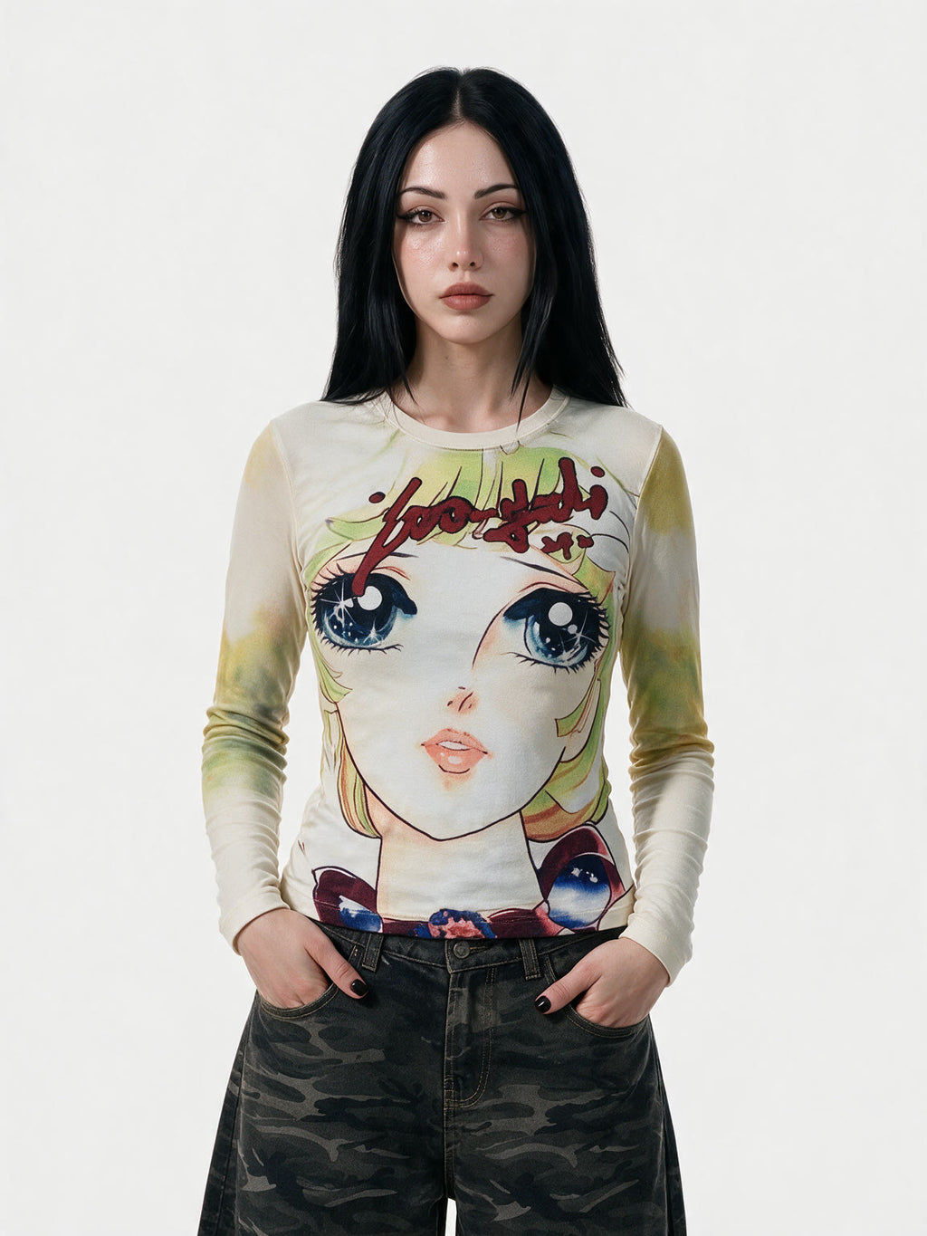 Cream long sleeve tee with a large anime face print