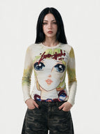 Cream long sleeve tee with a large anime face print