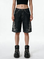 Washed black baggy denim shorts with white embroidery