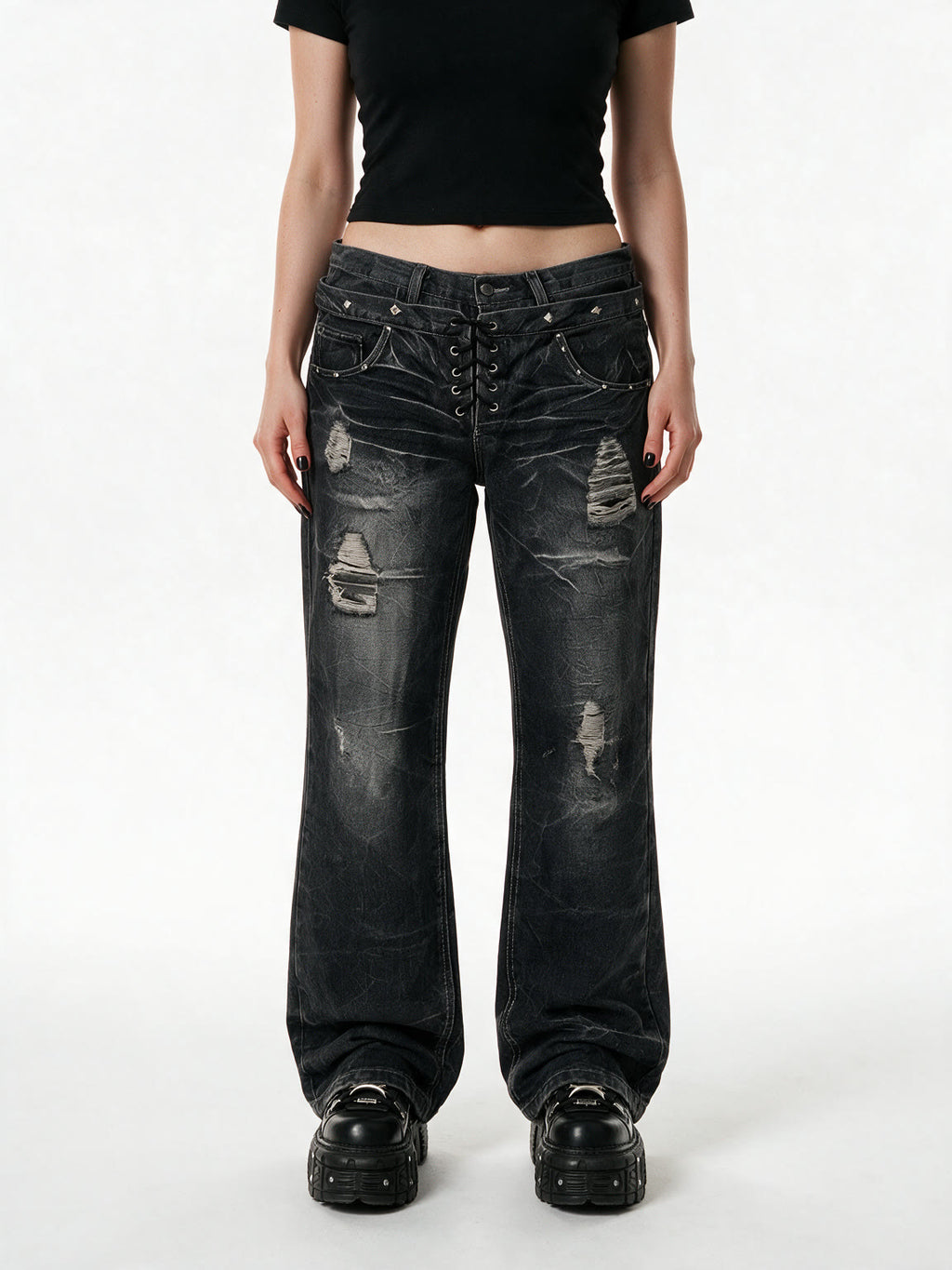Dark washed flare jeans with a double laced waistband