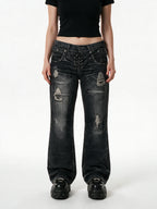 Dark washed flare jeans with a double laced waistband