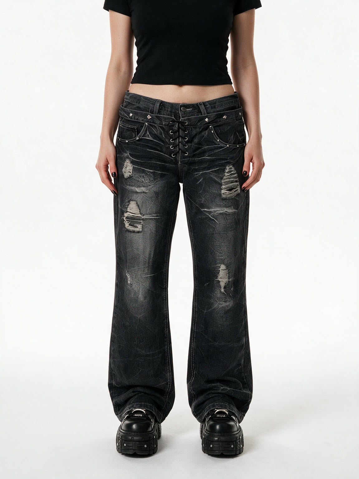 Dark washed flare jeans with a double laced waistband
