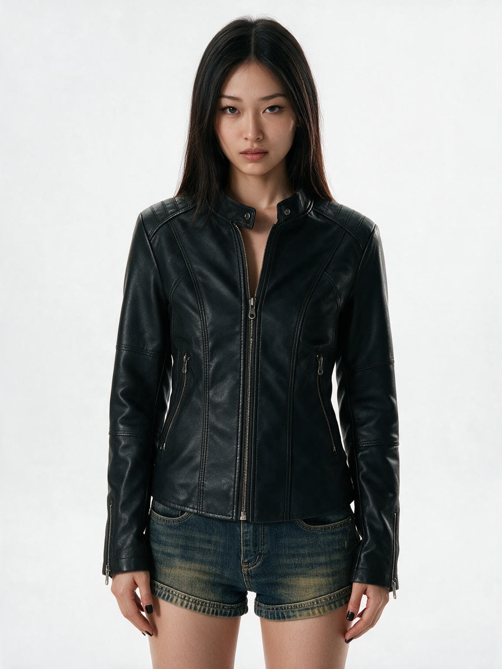Slim black leather jacket with a mandarin collar
