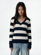 Navy and cream striped V neck knit top