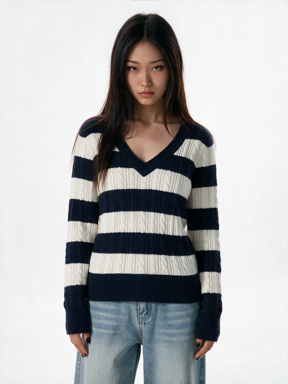 Navy and cream striped V neck knit top