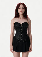 Black brocade overbust corset with ruffle trim
