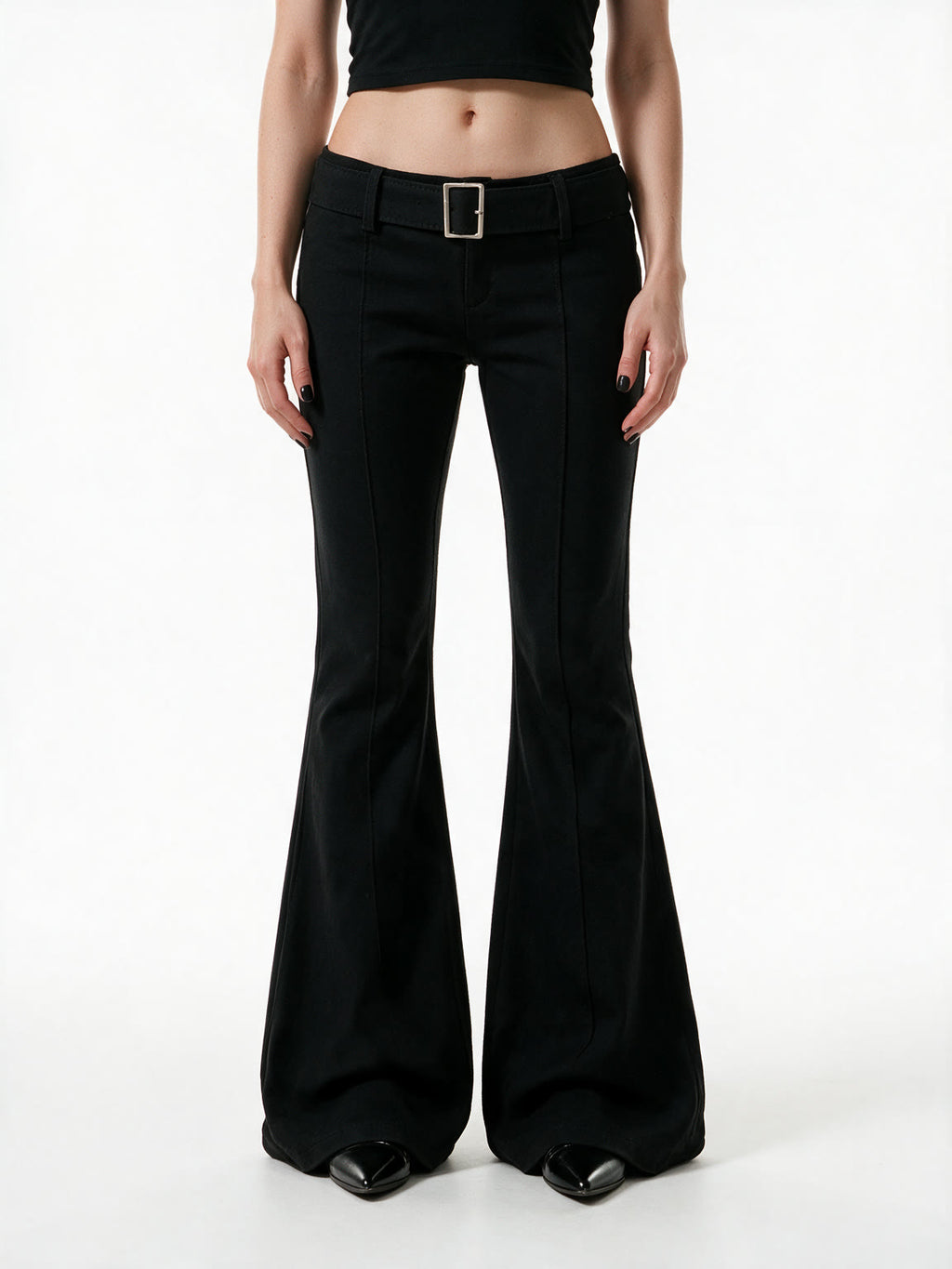 Black high waist flare trousers with a studded belt