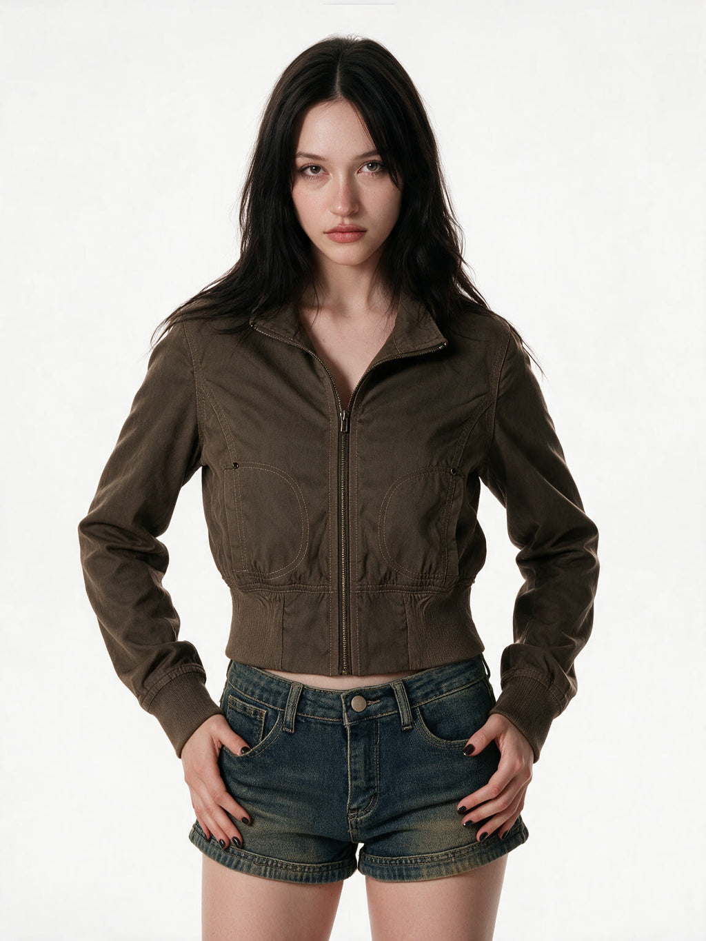 Washed taupe cropped cargo zip jacket