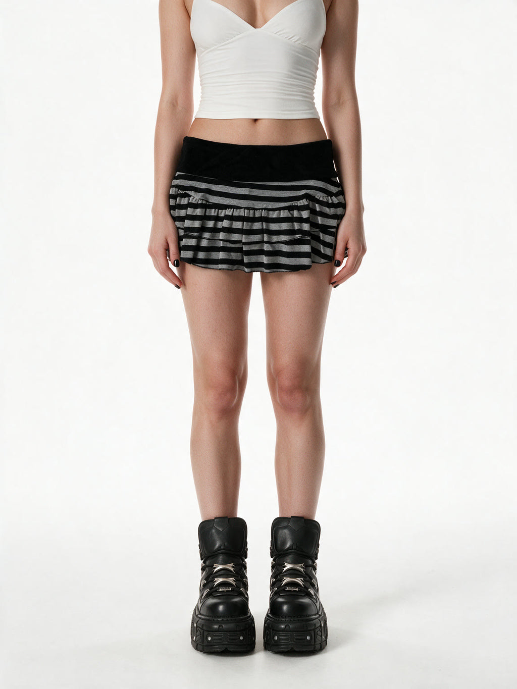 Grey striped tiered mini skirt with a black velvet waistband