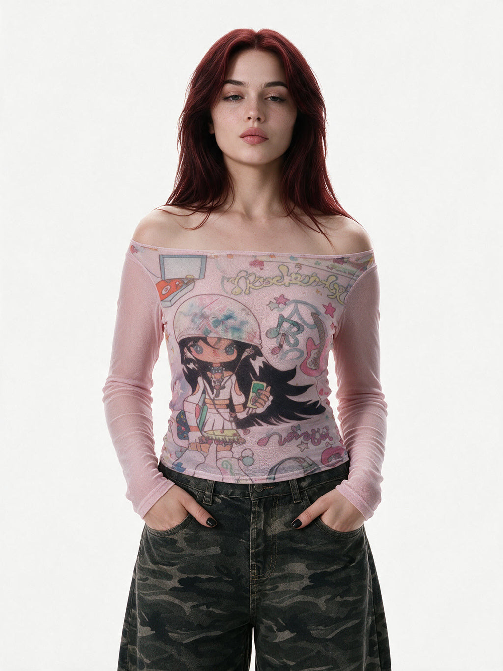 Pink sheer mesh long sleeve top with anime print
