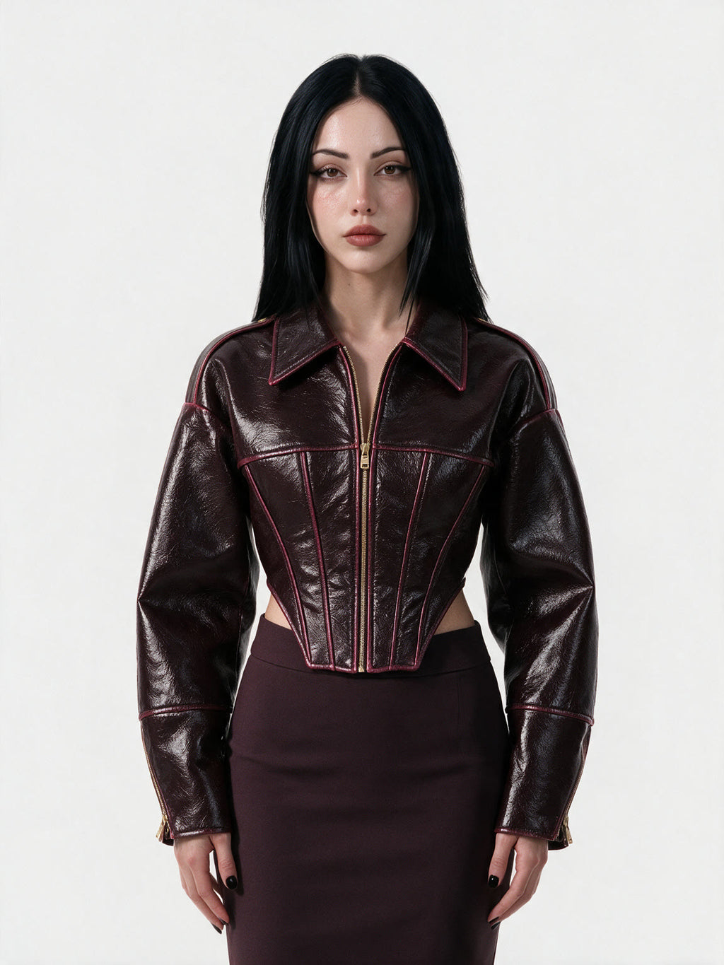 Oxblood red leather jacket with a wide lapel collar
