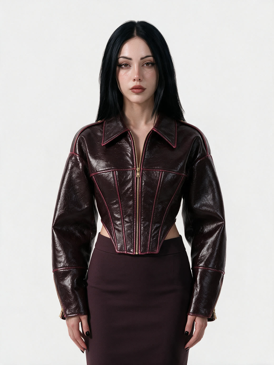 Oxblood red leather jacket with a wide lapel collar