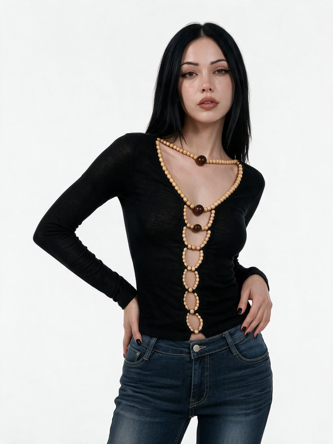 Black long sleeve top with a beaded cut out front