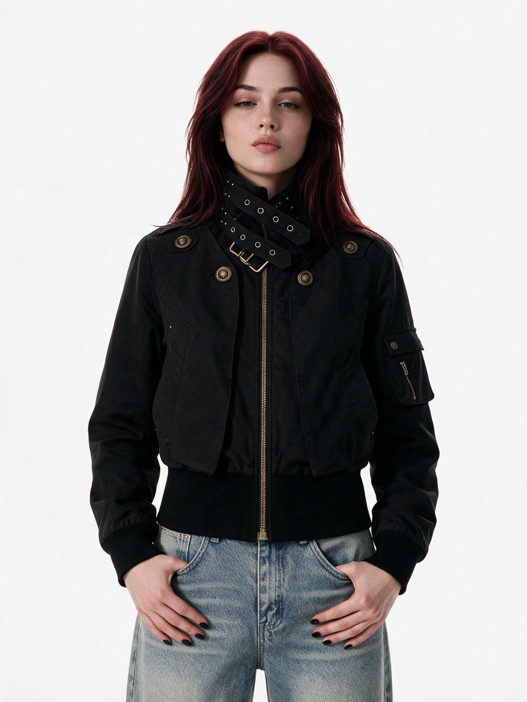 Cropped black bomber jacket with a studded buckled collar