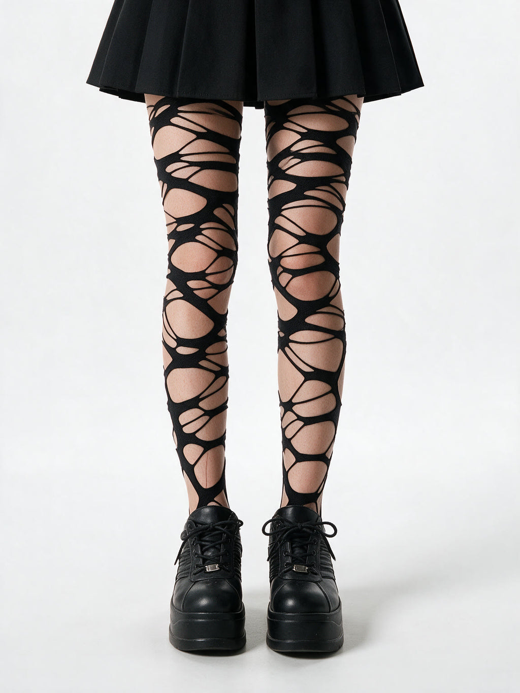 Black tights with lattice cut outs across the thighs