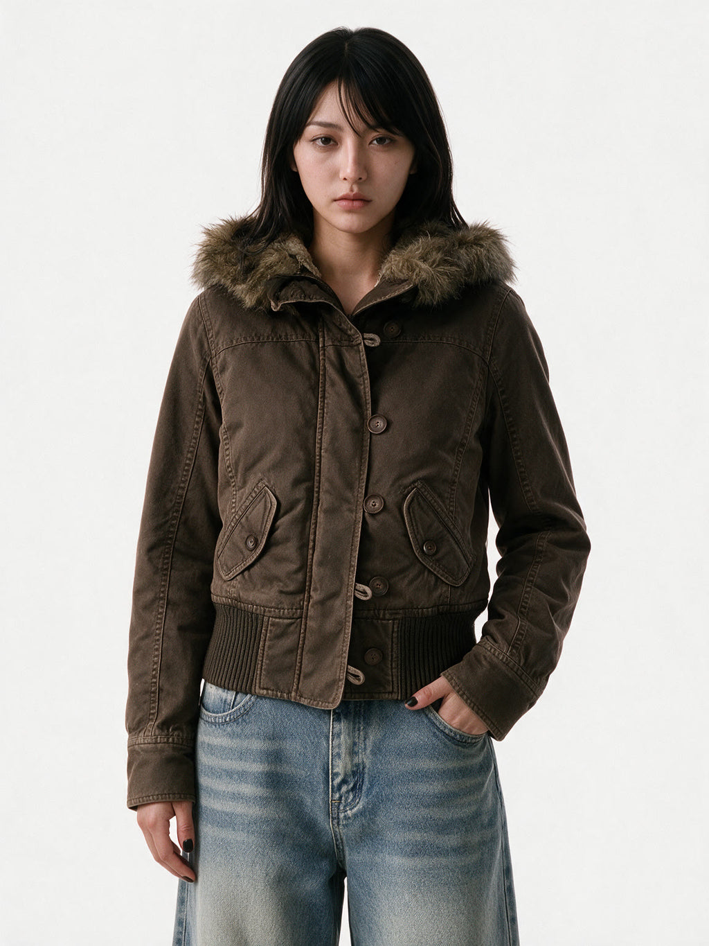 Brown cropped aviator jacket with a faux fur hood
