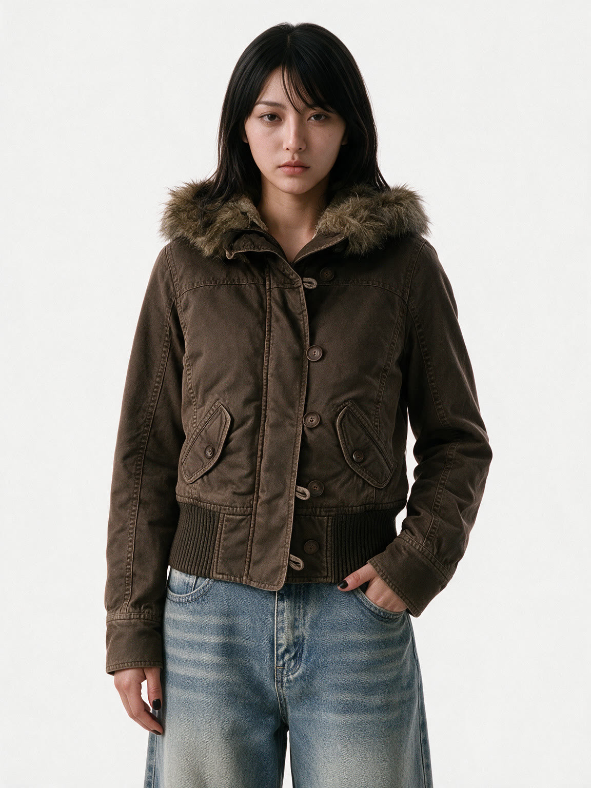 Brown cropped aviator jacket with a faux fur hood
