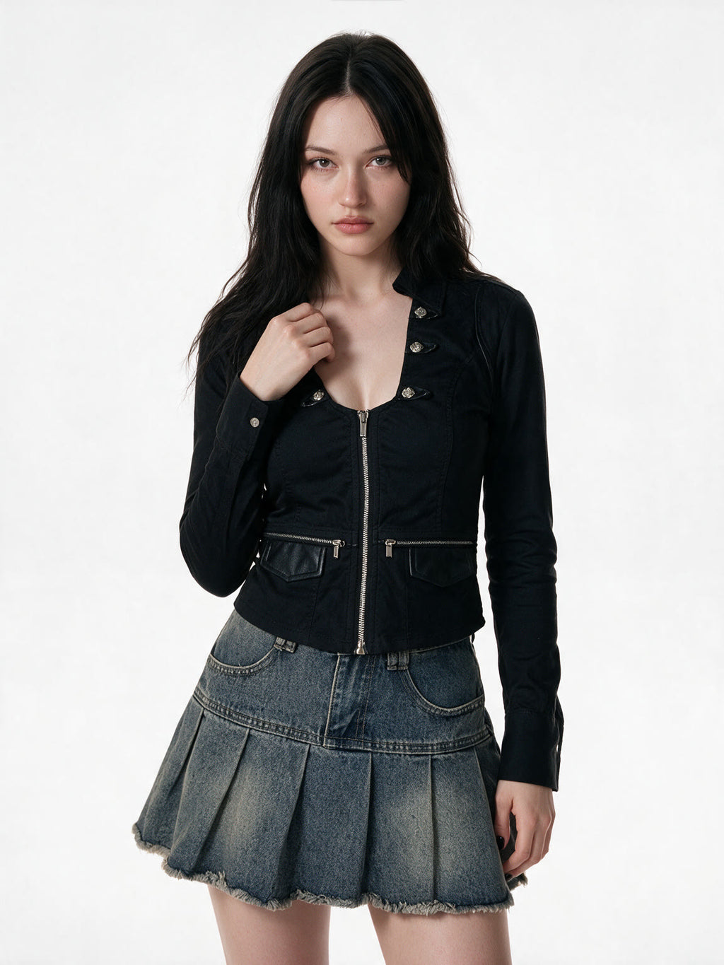 Slim black jacket with twin zips and leather trimmed pockets