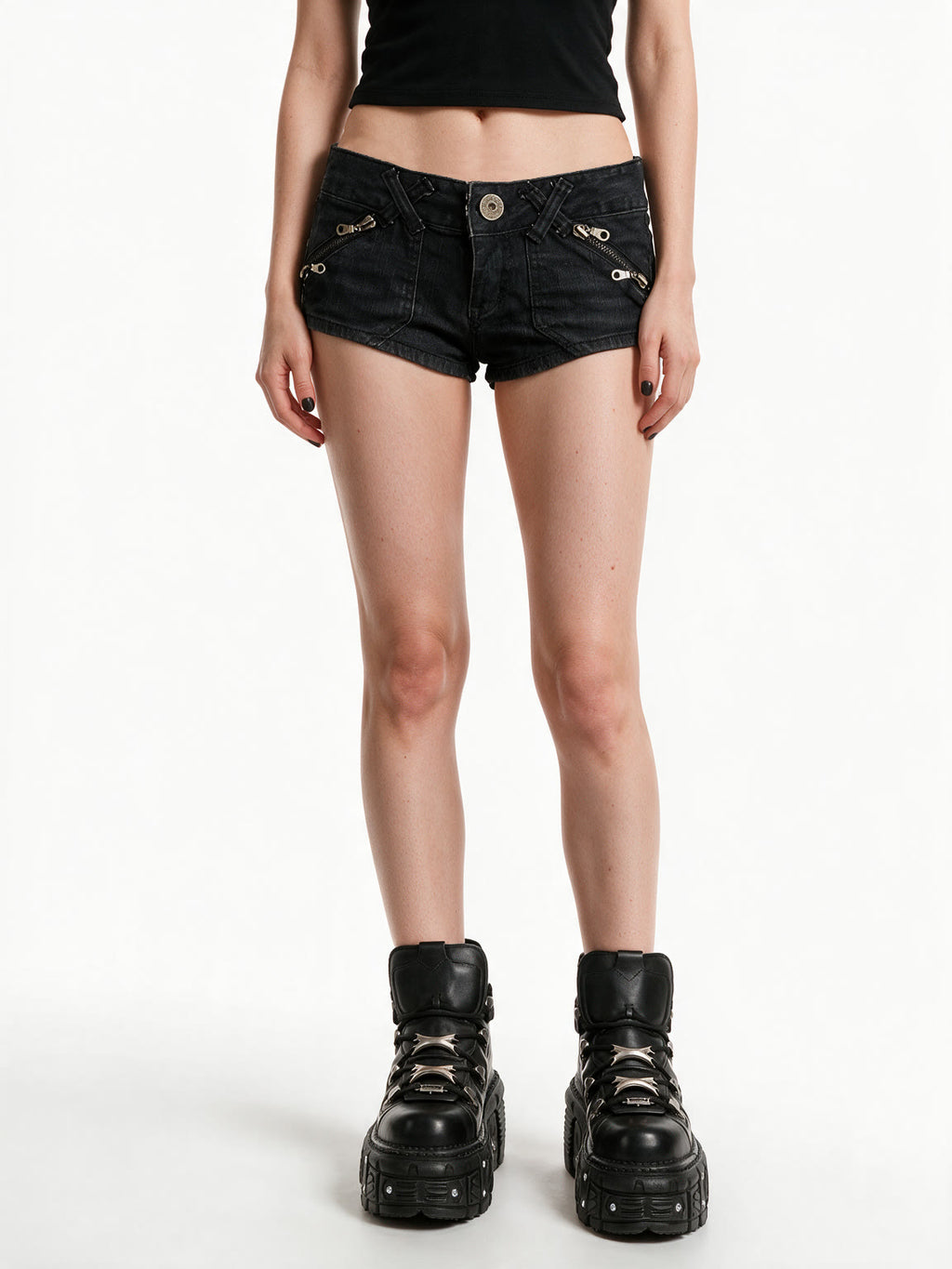 Washed black denim micro shorts with exposed zips
