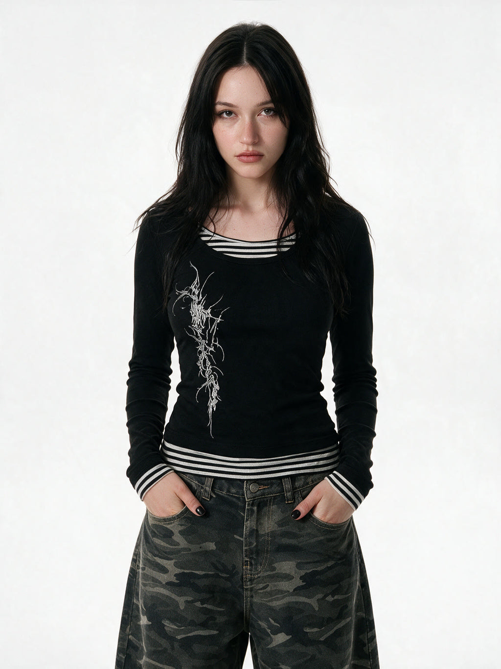 Black long sleeve top with false striped layer and tattoo print
