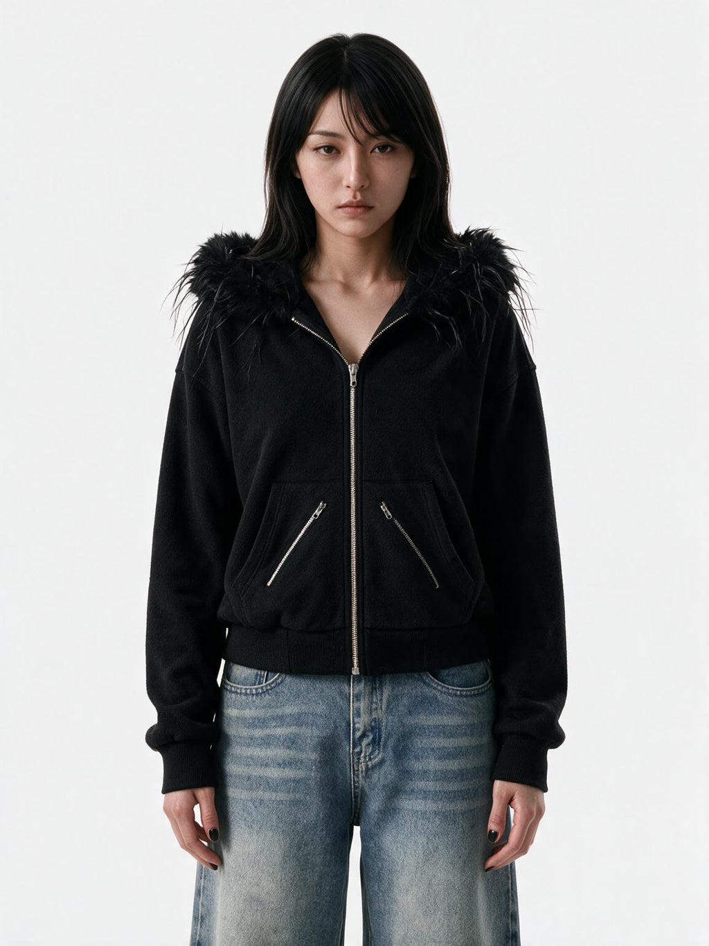 Black zip bomber jacket with a faux fur trimmed hood
