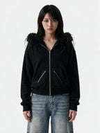 Black zip bomber jacket with a faux fur trimmed hood