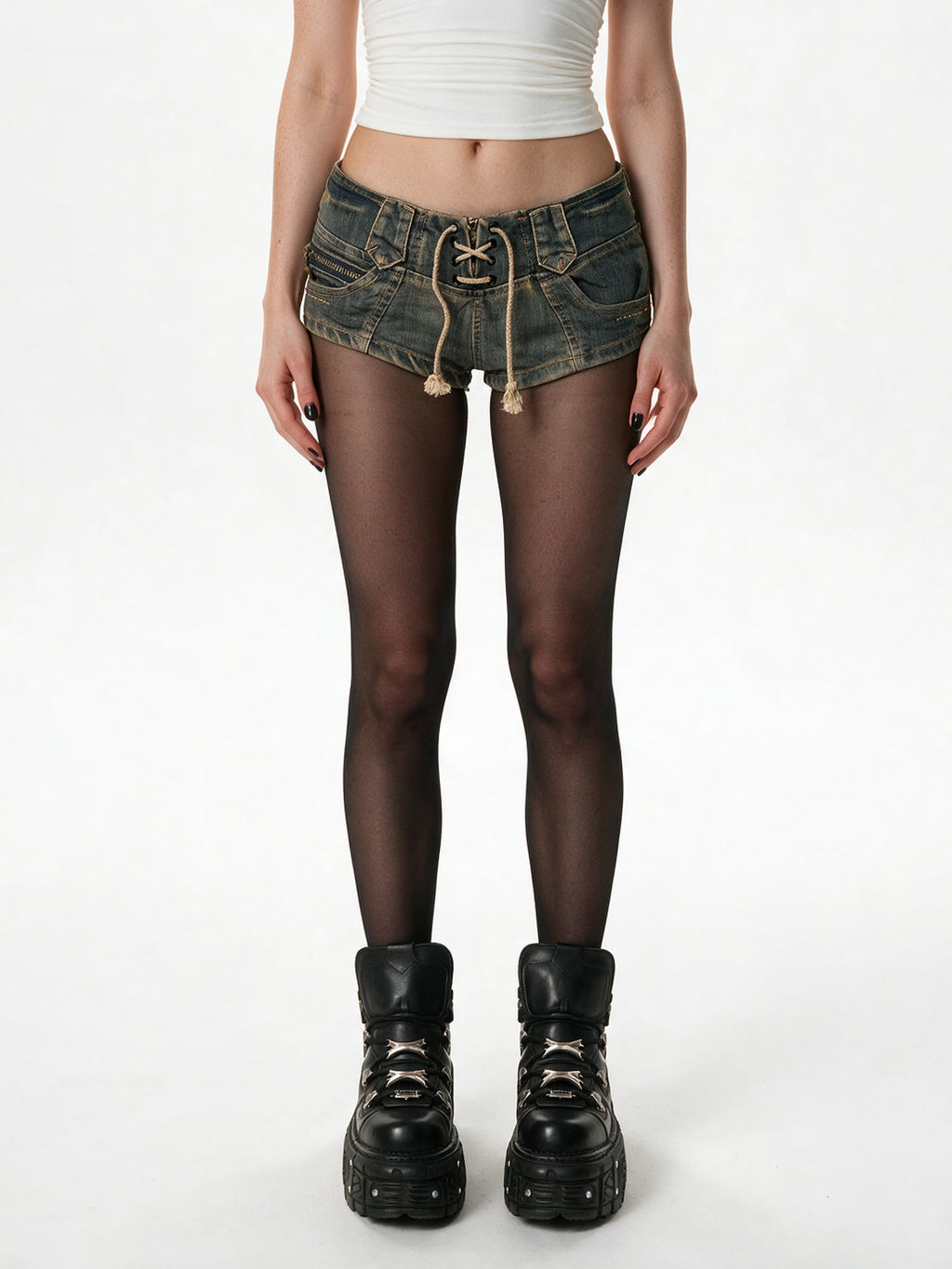 Distressed washed denim micro shorts with a lace up front