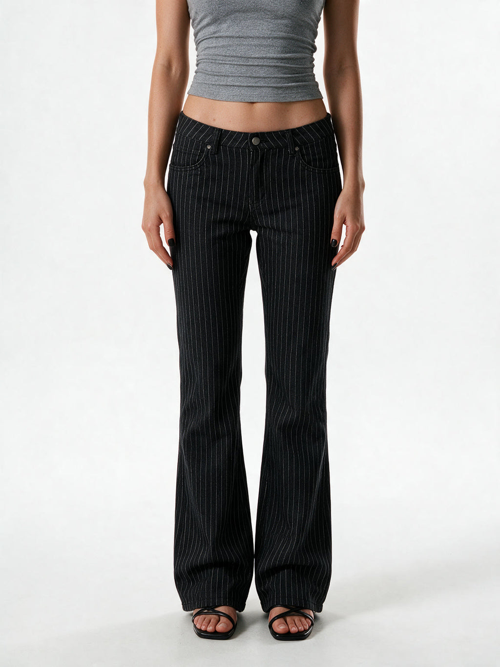 Black pinstripe low rise bootcut trousers
