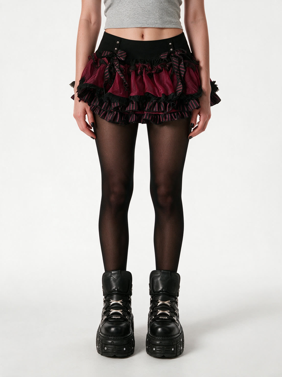 Black and red layered tiered mini skirt with lace