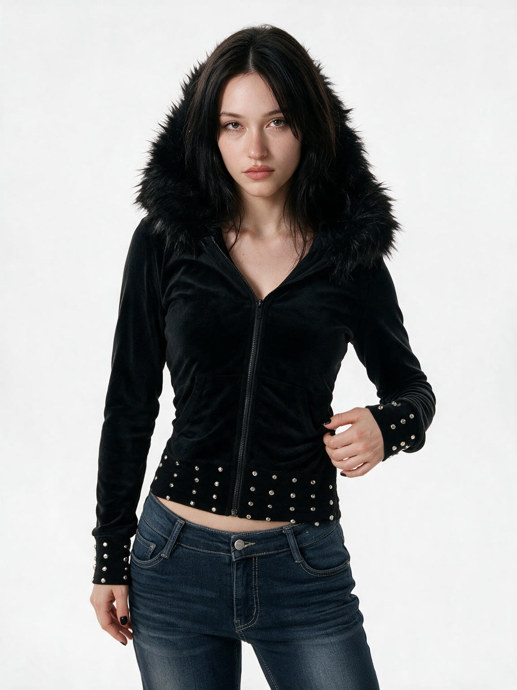 Slim black jacket with a faux fur hood and studded hem