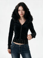 Slim black jacket with a faux fur hood and studded hem