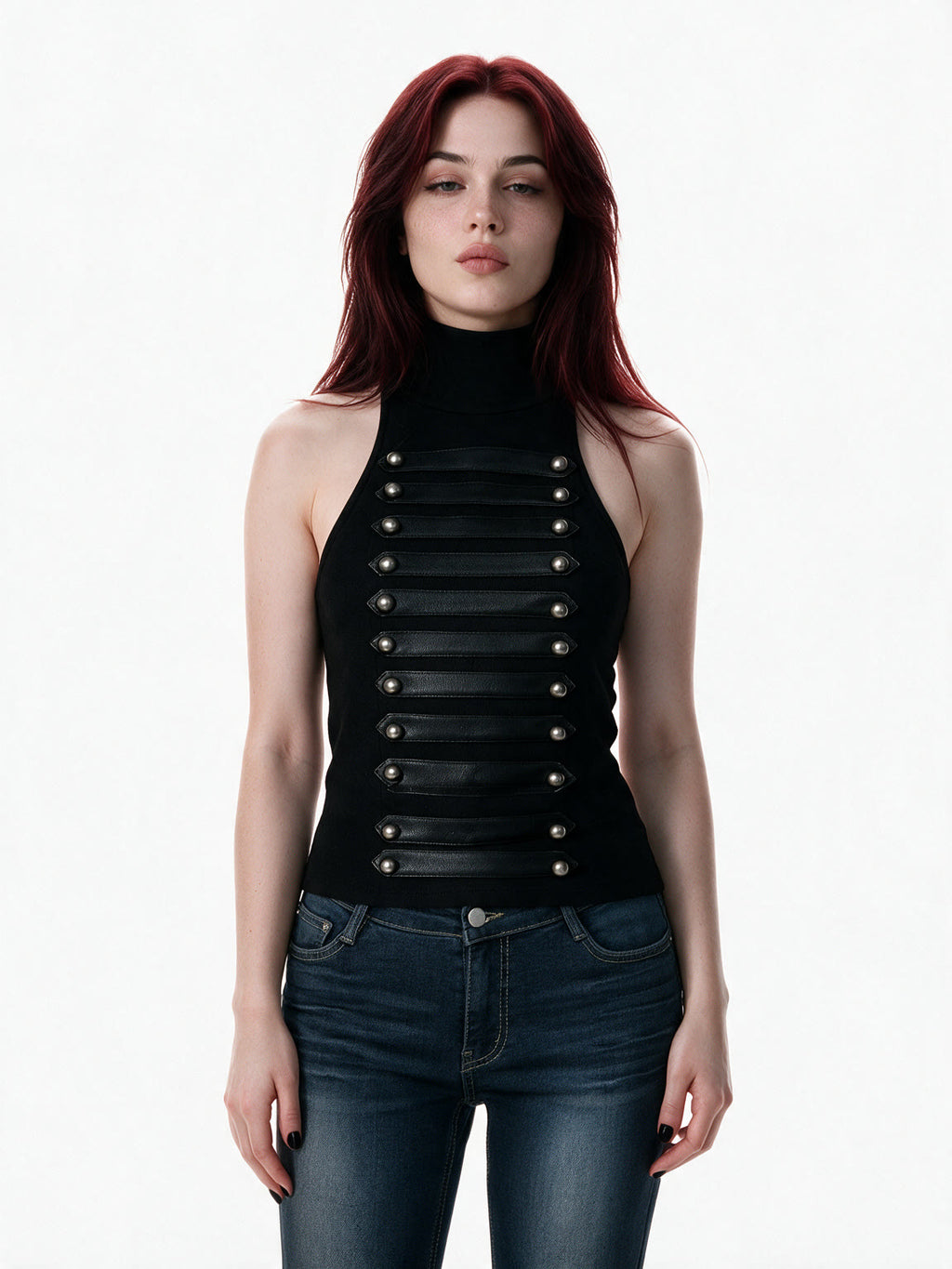 Black sleeveless high neck top with leather banding and studs