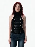 Black sleeveless high neck top with leather banding and studs