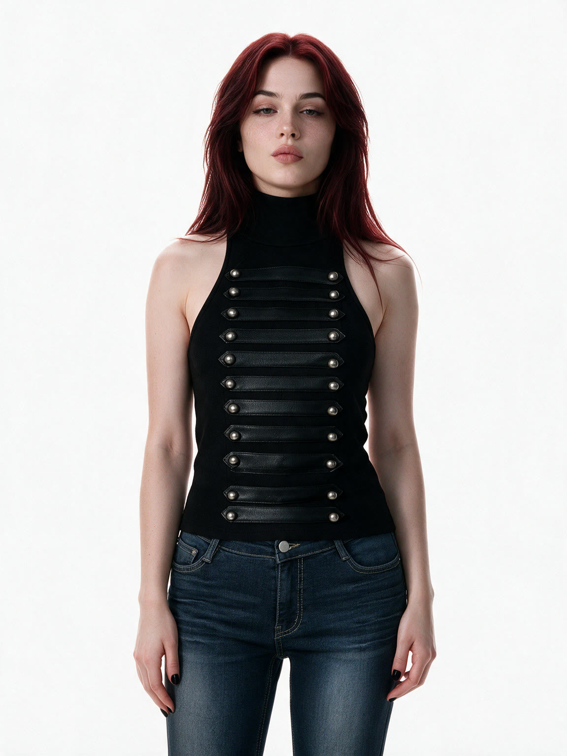 Black sleeveless high neck top with leather banding and studs