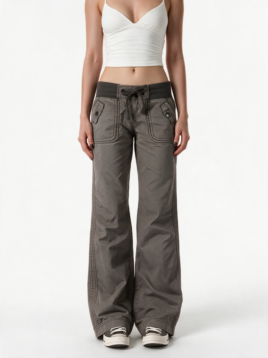 Washed taupe low rise trousers with a lace up waist